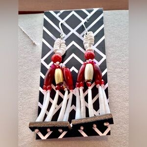 Carnelian and Shell Dentalium and Hair Pipe Sparkly Beaded Dangle Earrings